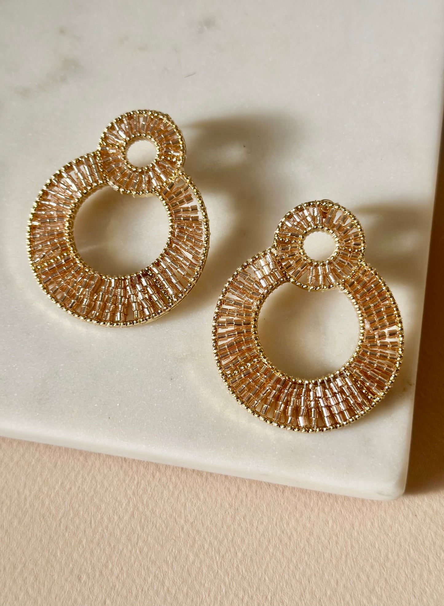 "All Things New" Statement Earrings with Miyuki Beads - Nude/Gold